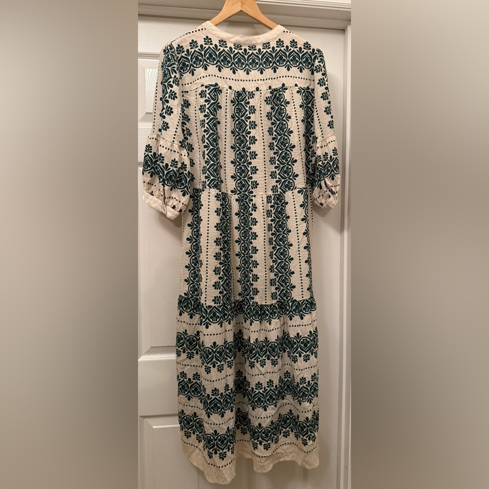 Fig and Flower Cream Dress with Green Floral Patterns Boho Size Large - Picture 6 of 7